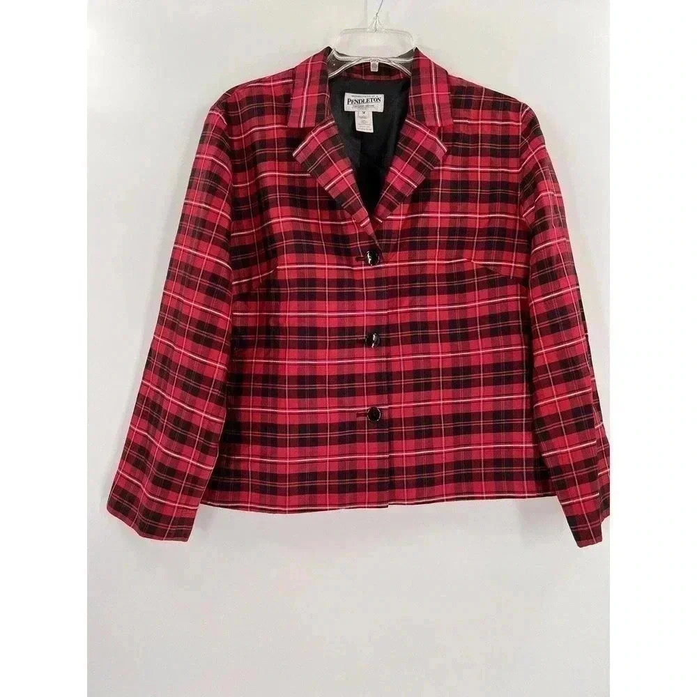 Pendleton 100% Silk Blazer Jacket Petite 14 Red Black Plaid Lined Lightweight